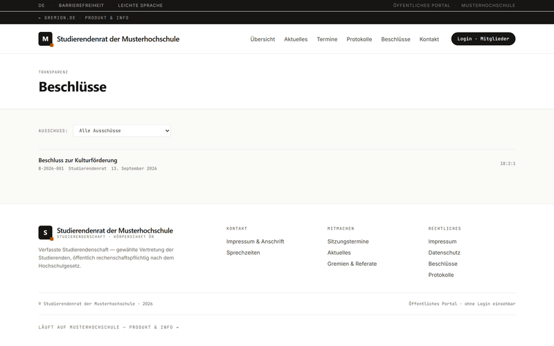 Das öffentliche Portal eines Beispiel-Gremiums, Seite Beschlüsse: ein Beschluss zur Kulturförderung, ohne Login lesbar.
